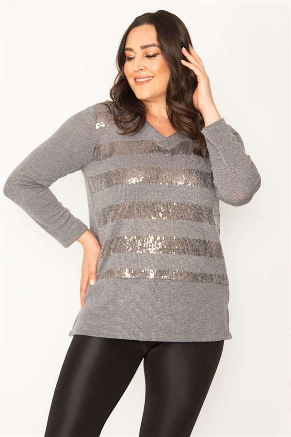 Kadın Gri Pul Payet Detaylı V Yaka Bluz 65N30407