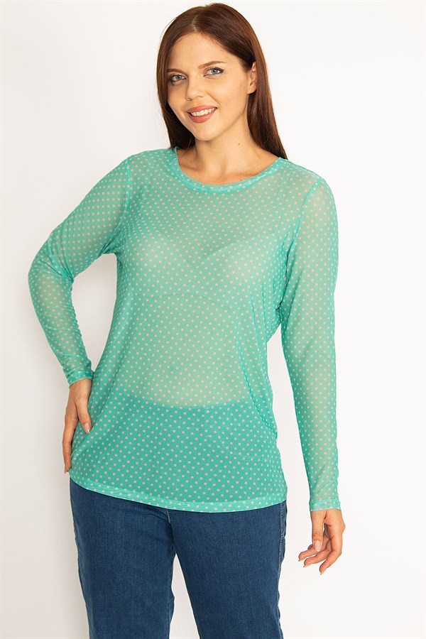 Kadın Yeşil Puan Desenli Tül Bluz 65N34576