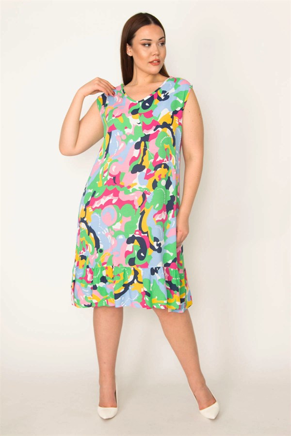 KADIN RENKLİ DOKUMA VİSKON KUMAŞ V YAKA ETEĞİ KATLI RENKLİ ELBİSE