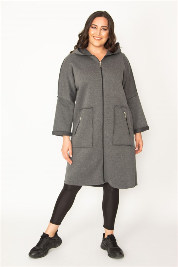 Kadın Füme Fermuar Ve Kapşon Detaylı Kaban 65N28345