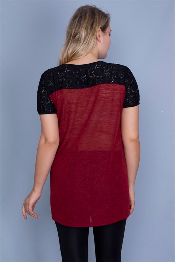 Kadın Bordo Roba Dantel Detaylı Düşük Kollu Bluz 65N25838