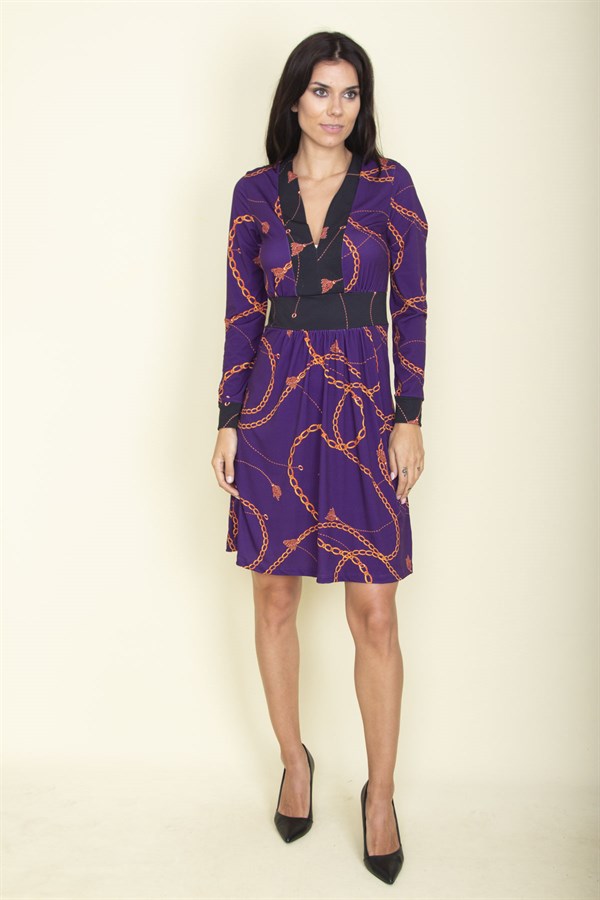 ROBE VIOLETTE À COL EN V ET À BANDE DE TAILLE POUR FEMME