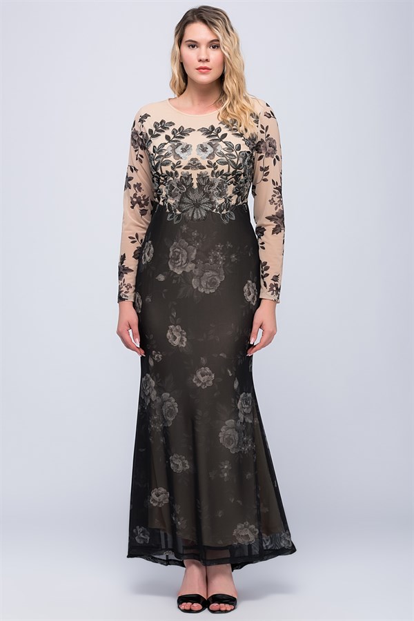 KADIN BEJ TAŞ İŞLİ ŞİFON ABİYE ELBİSE T11/19