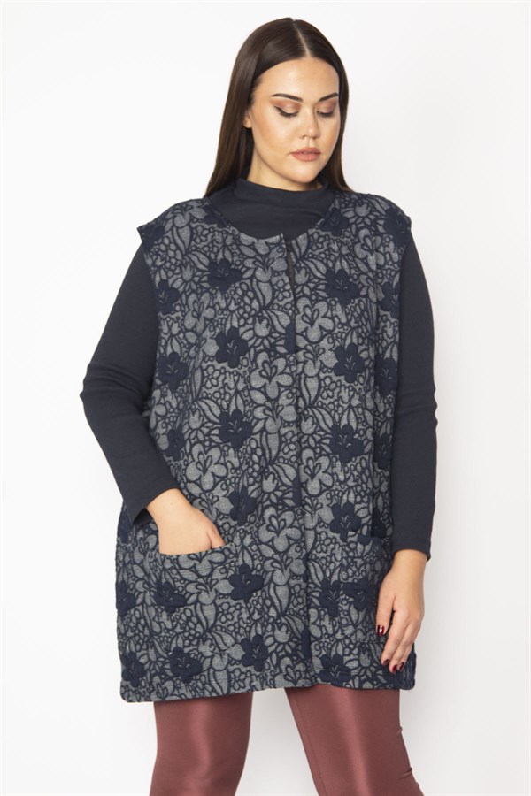 Kadın Lacivert Jakar Desenli Ön Çıtçıt Düğmeli Cepli Yelek 65N29626