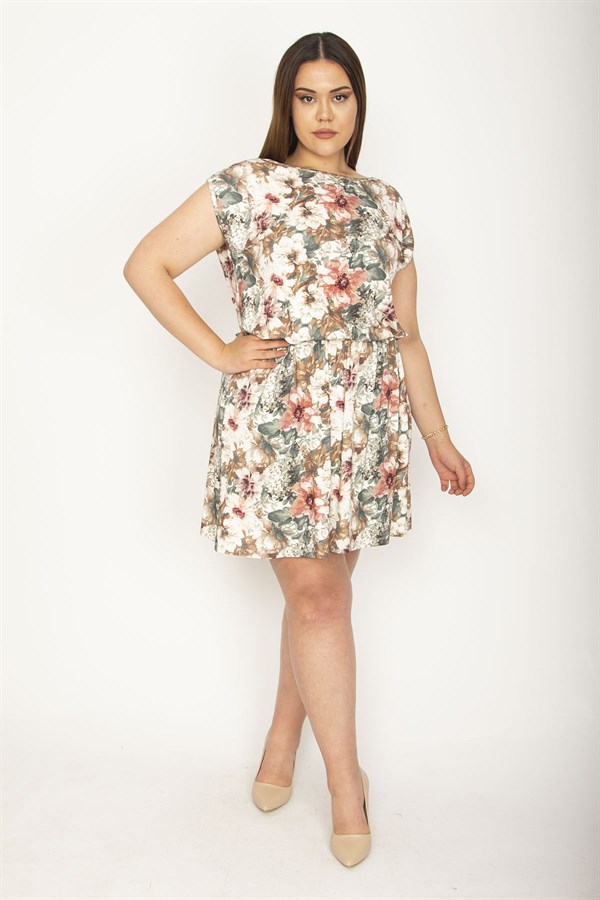 KADIN RENKLİ BEL KISMI LASTİKLİ ÇİÇEK DESENLİ ELBİSE