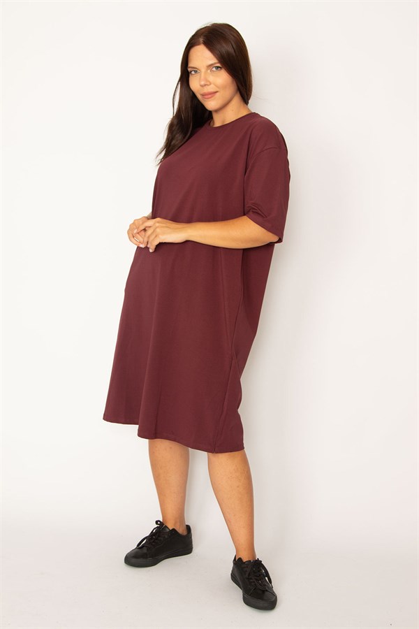 Kadın Mürdüm Pamuklu Kumaş Yan Fermuar Yırtmaçlı Likralı Elbise 65N34428