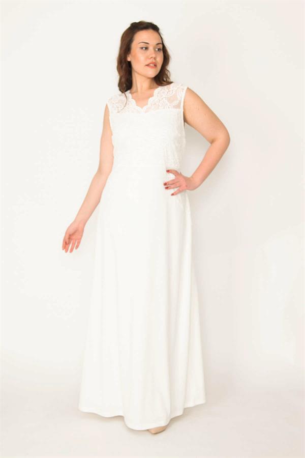 Kadın Büyük Beden Kemik Dantel Detaylı Astarlı Uzun Elbise 65N36782