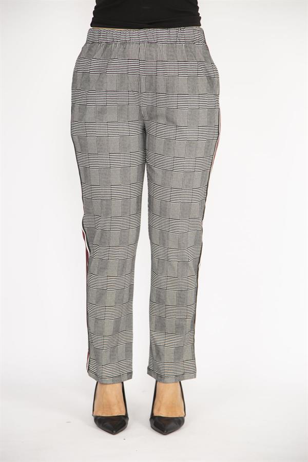 Kadın Gri Büyük Beden Ekose Desenli Beli Lastik Ve Yan Şerit Detaylı Pantolon