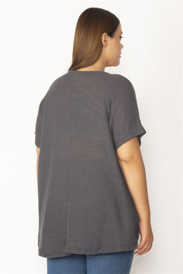 Kadın Füme Taş Detaylı Buklet Dokuma Düşük Kol Salaş Bluz 65N30103