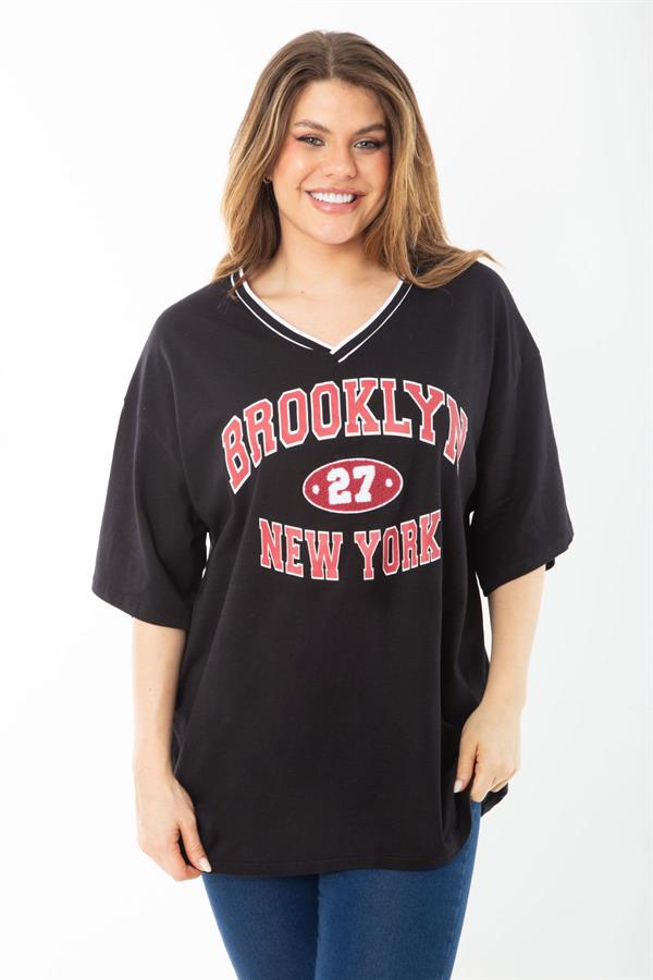 Kadın Büyük Beden Siyah Pamuklu Kumaş V Yaka Ribana Ve Baskı Detaylı Tunik 65N37456