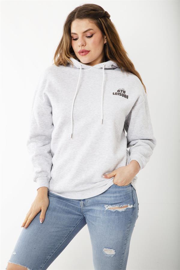 Women's Plus Size Gray Three-Thread Hooded Sweatshirt with Raised Inside 65N37199