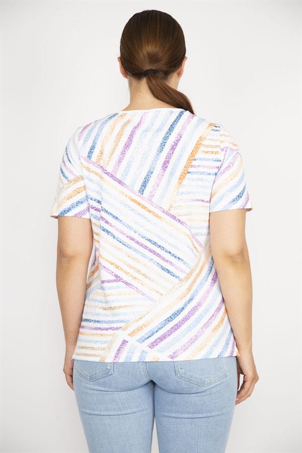 Kadın Renkli Büyük Beden Pamuklu Kumaş Bisiklet Yakalı Kısa Kollu Bluz