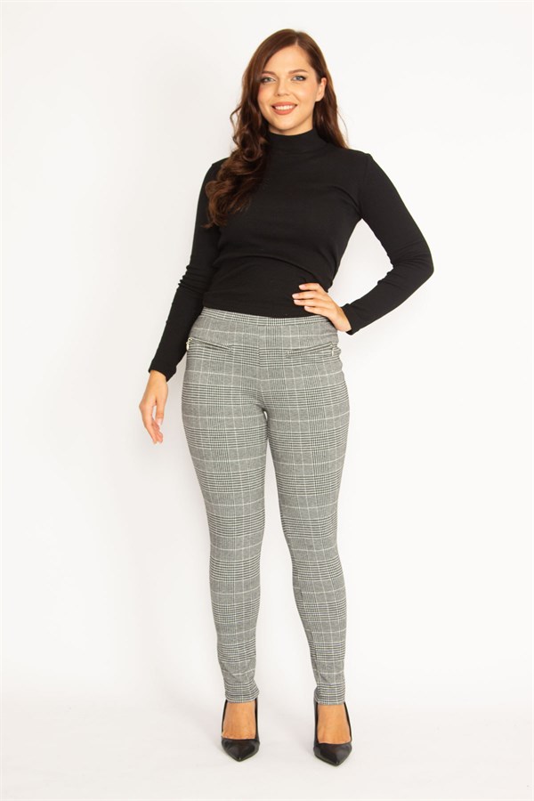 Leggings femme gris à carreaux et poches zippées décoratives 26A34810
