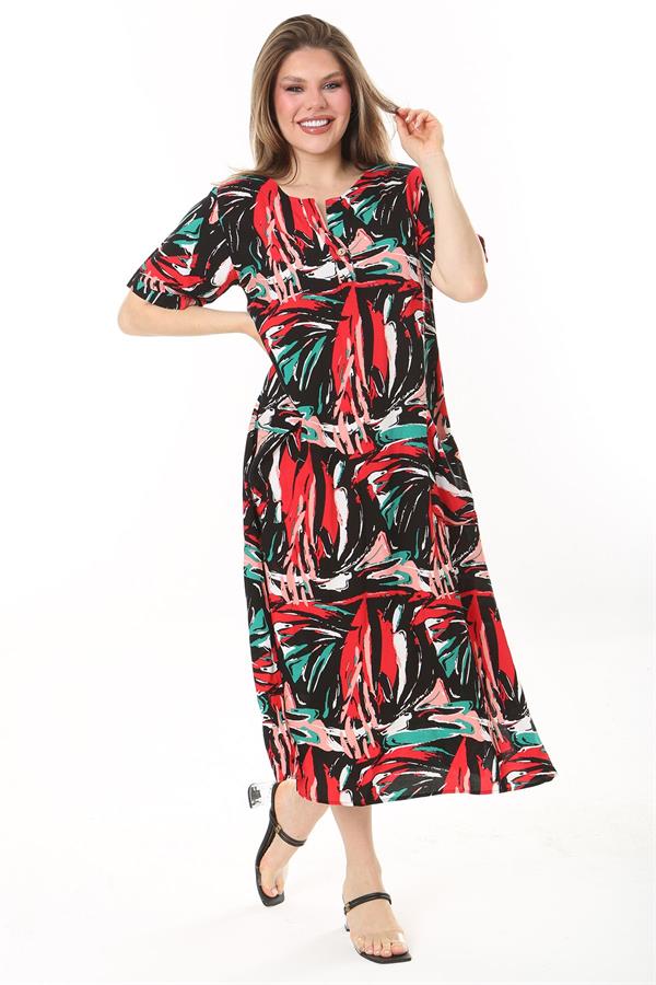 Kadın Büyük Beden Siyah Dokuma Viskon Kumaş Ön Pat Düğmeli Uzun Elbise 65N37861