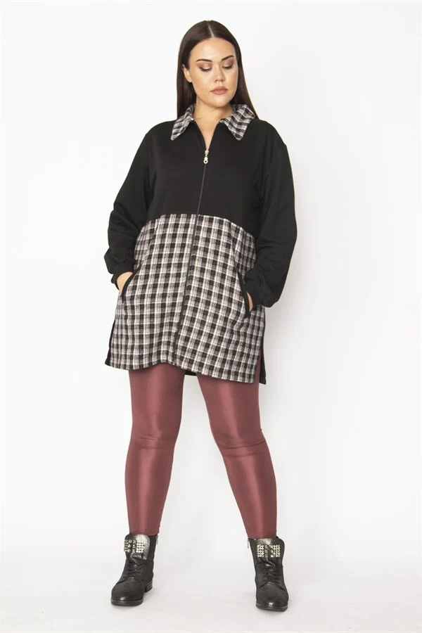 Kadın Bej Ekose Desen Detaylı Fermuarlı Cepli Mont 65N29569