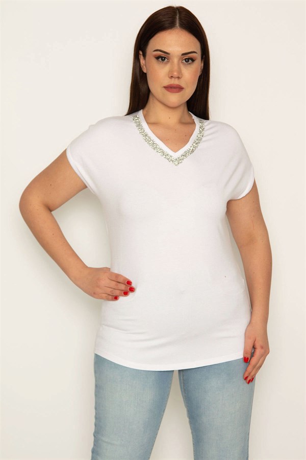 KADIN BEYAZ V YAKA DÖKME TAŞ DETAYLI BLUZ