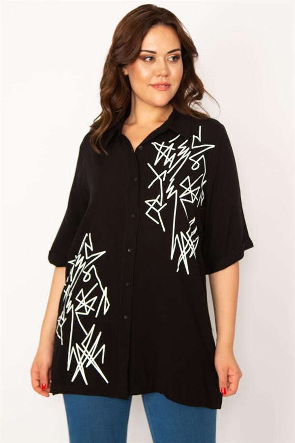 Kadın Mor Ön Düğmeli Baskı Detaylı Dokuma Viskon Kumaş Gömlek 65N33535