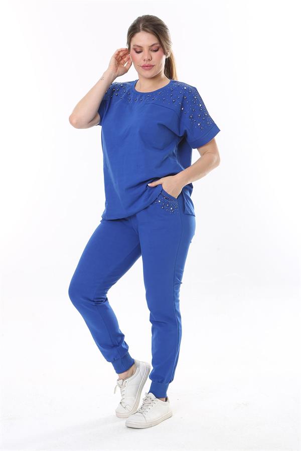 Kadın Büyük Beden Saks Taş Detaylı Kısa Kollu Sweatshirt Pantolon Takım 65N37702
