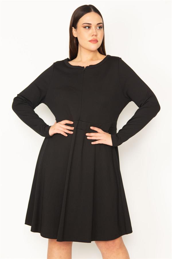 Kadın Siyah Büyük Beden Ön Fermuarlı Bel Bantlı Elbise 65N35673