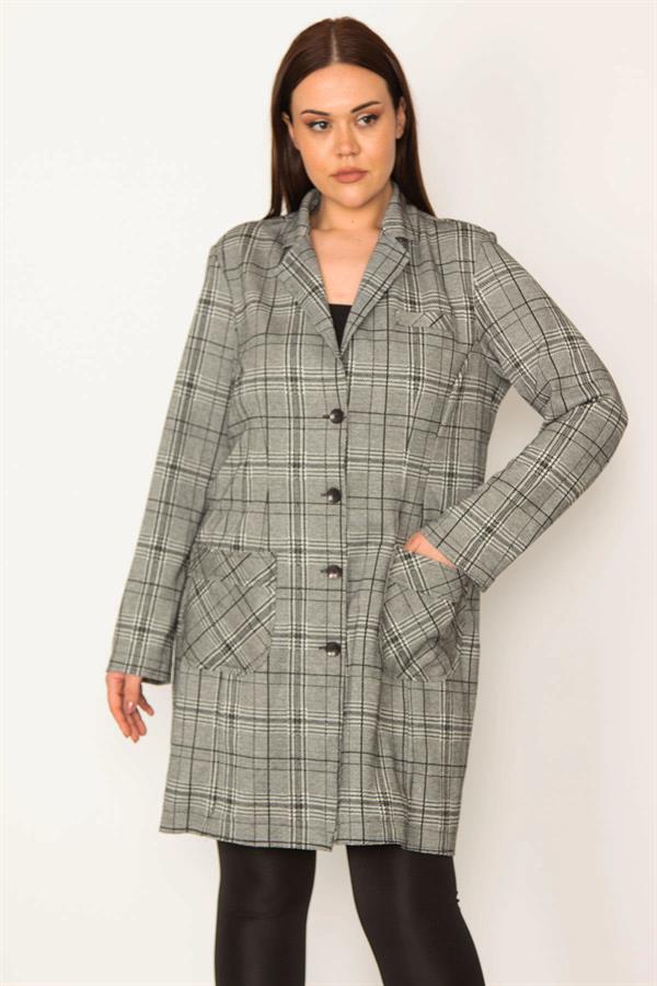 KADIN GRİ EKOSE DESENLİ ASTARSIZ ÖN DÜĞMELİ CEPLİ UZUN CEKET