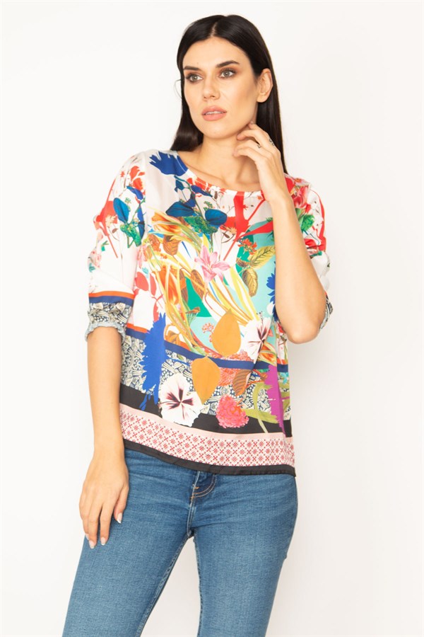 BLOUSE COLORÉE À COL RAS DU COU À MOTIF FLEURI POUR FEMME