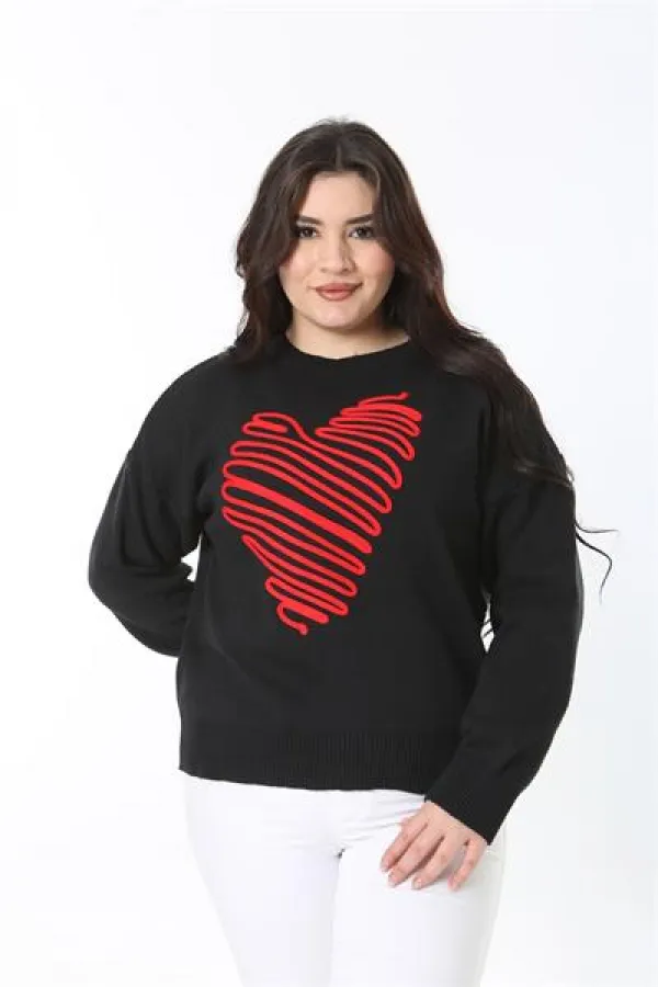 Kadın Büyük Beden Siyah Suzine Nakışlı Triko Kazak 65N38862