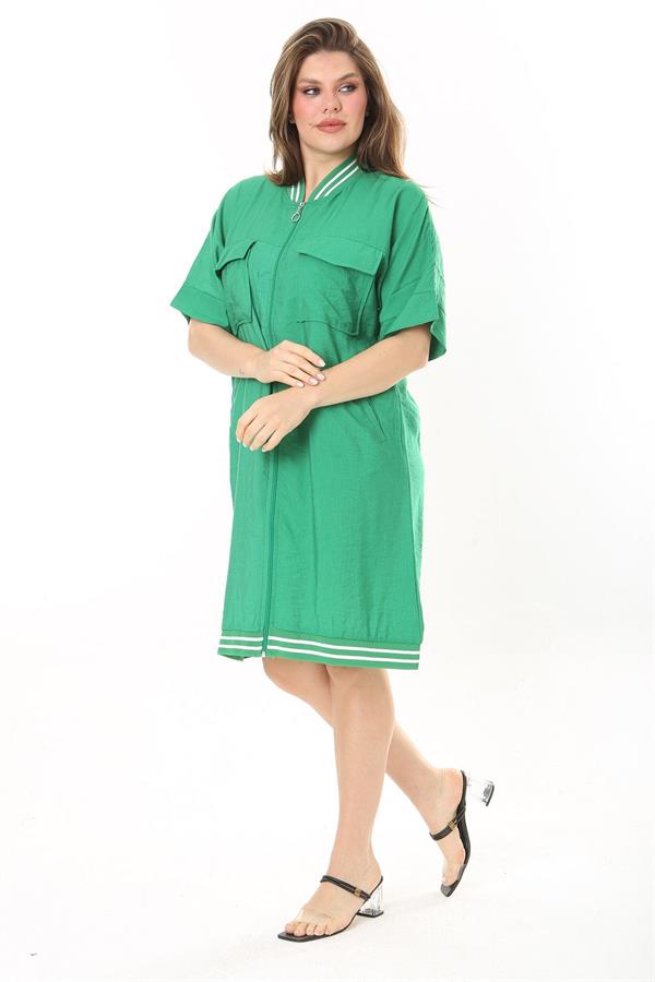 Kadın Büyük Beden Nar Ön Fermuarlı Ribana Detaylı Aerobin Kumaş Elbise 65N37880