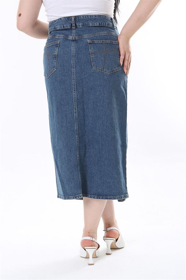 Kadın Büyük Beden Lacivert Yırtmaç Detaylı 5 Cepli Kot Etek 65N38096