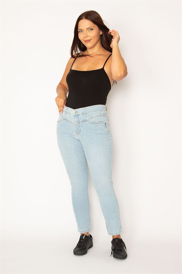 Kadın Mavi Ön Kup Detaylı Yan Kemeri Lastikli Likralı Kot Pantolon 65N34332