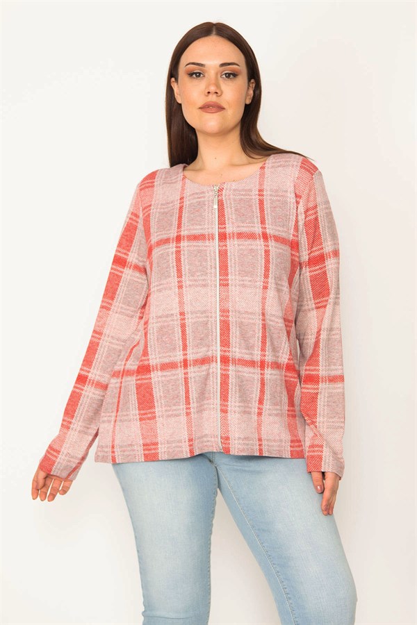 KADIN KIRMIZI ÖN FERMUARLI EKOSE DESEN ASTARSIZ CEKET