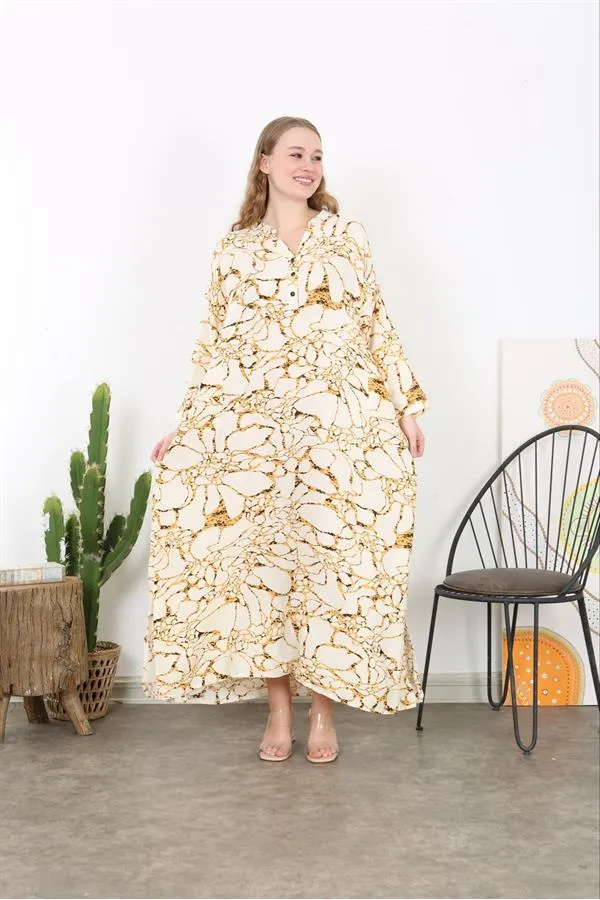 Kadın Büyük Beden Kemik Dokuma Viskon Kumaş Ön Pat Düğmeli Uzun Kollu Elbise 65N38730