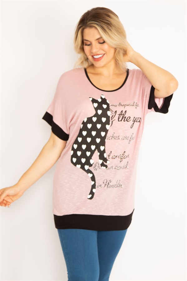 Kadın Pembe Kedi Figürlü Taş Ve Baskı Detaylı Düşük Kollu Tunik 65N34634