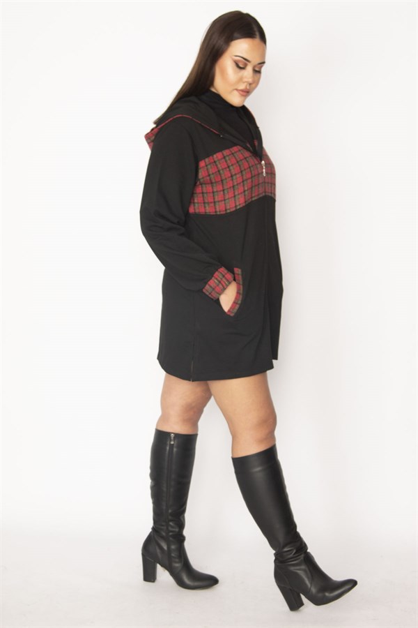 Kadın Bordo Ekose Desen Detaylı Kapşonlu Mont 65N29568