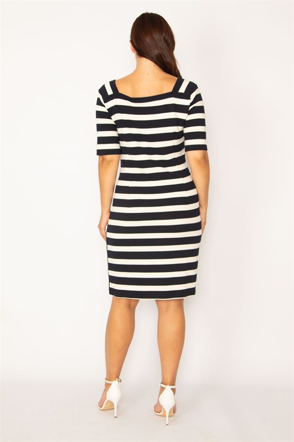 Kadın Lacivert Kare Yaka Çizgili Elbise 65N34177