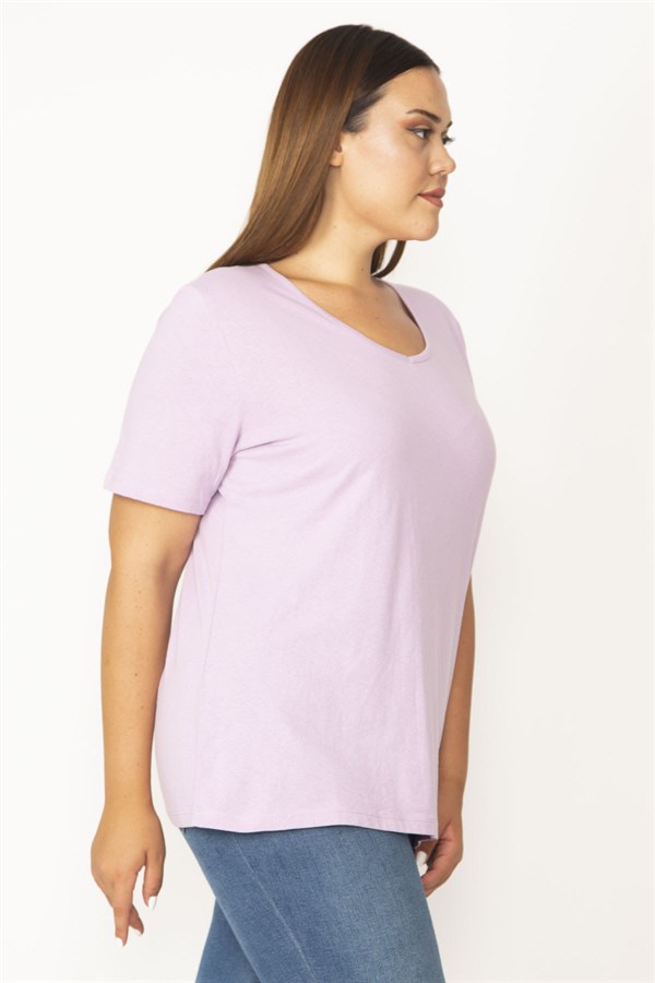 Kadın Lila Pamuklu Kumaş V Yakalı Kısa Kollu Bluz 65N29546