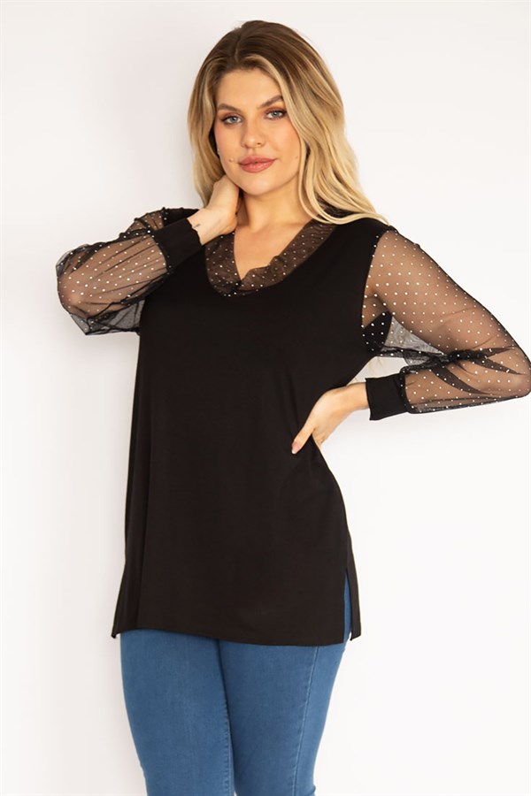 Kadın Mürdüm Yaka Ve Kolları Simli Tül Bluz 65N35185