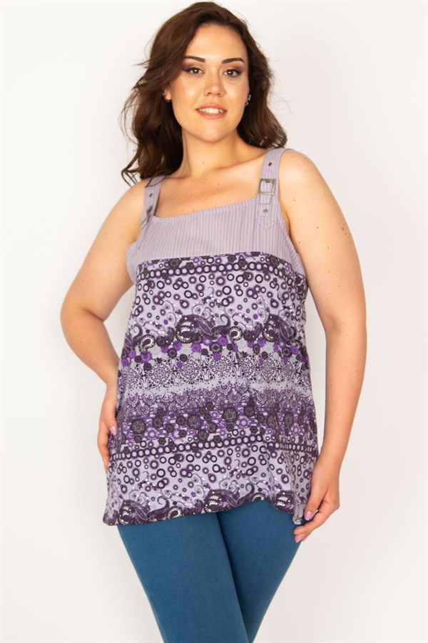 Kadın Lila Askısı Toka Aksesuarlı Etek Ucu Kuşgözü Bağcık Detaylı Bluz 65N33666