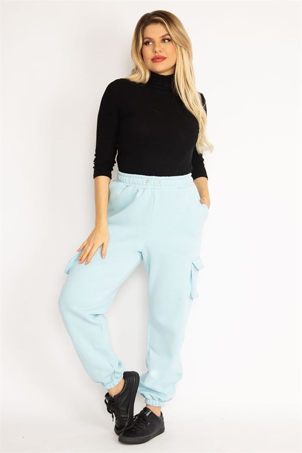 Kadın Mavi İçi Şardonlu 3 İplik Kargo Cepli Eşofman Alt 65N35097