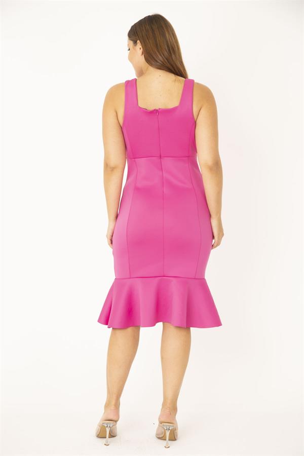 Kadın Büyük Beden Fujya Scuba Kumaş Öpücük Yaka Kalın Askılı Arka Gizli Fermuarlı Elbise 65N36846