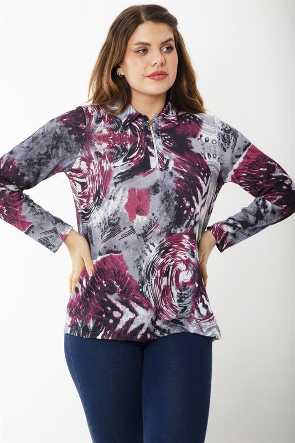 Kadın Büyük Beden Bordo Ön Patı Fermuarlı Uzun Kollu Desenli Bluz 65N37218