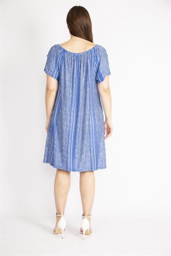 Kadın Mavi Büyük Beden Yakası Lastik Detaylı Ön Cepli Elbise