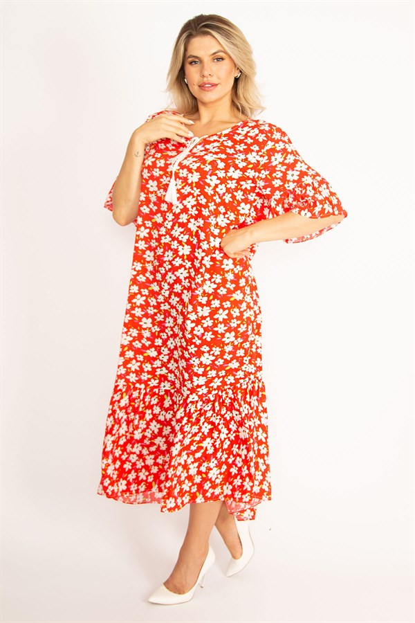 Kadın Kırmızı Dokuma Viskon Kumaş Volan Kollu Etek Ucu Katlı Elbise 65N34435