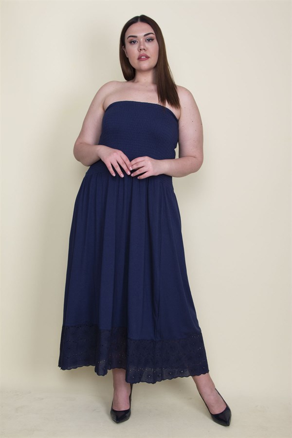 Kadın Lacivert Etek Ucu Dantel Göğüs Kısmı Gipe Lastikli Elbise 65N26128