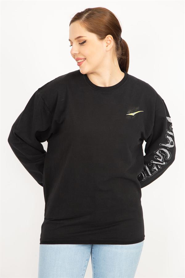 Kadın Siyah Büyük Beden Pamuklu Kumaş Kol Detaylı Sweatshirt