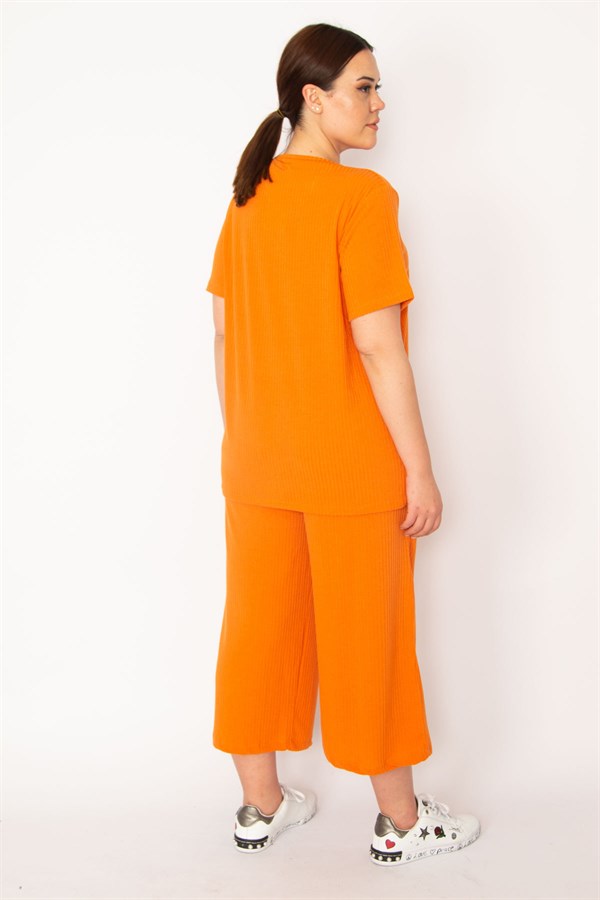 Kadın Fujya Kaşkorse Örme Beli Lastikli Geniş Paçalı Pantolon V Yakalı Bluz Takım 65N32939