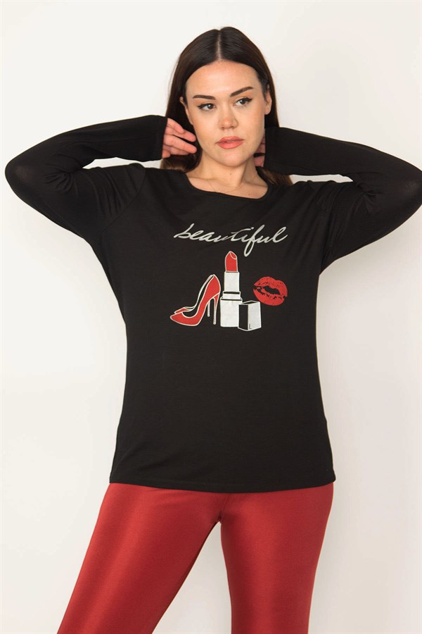 Kadın Siyah Ön Baskılı Bluz 65N31385