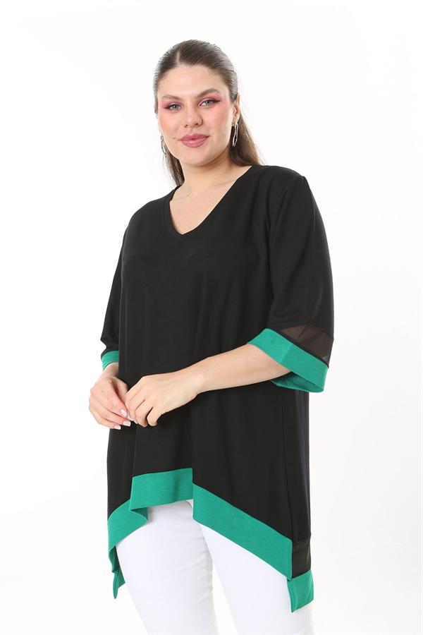 Kadın Büyük Beden Kemik Kol Ve Etek Ucu Tül Ve Garni Detaylı V Yakalı Arkası Uzun Tunik 65N37681