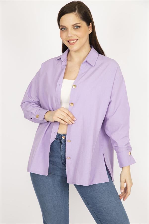 Kadın Lila Büyük Beden Metal Düğmeli Manşetli Gömlek