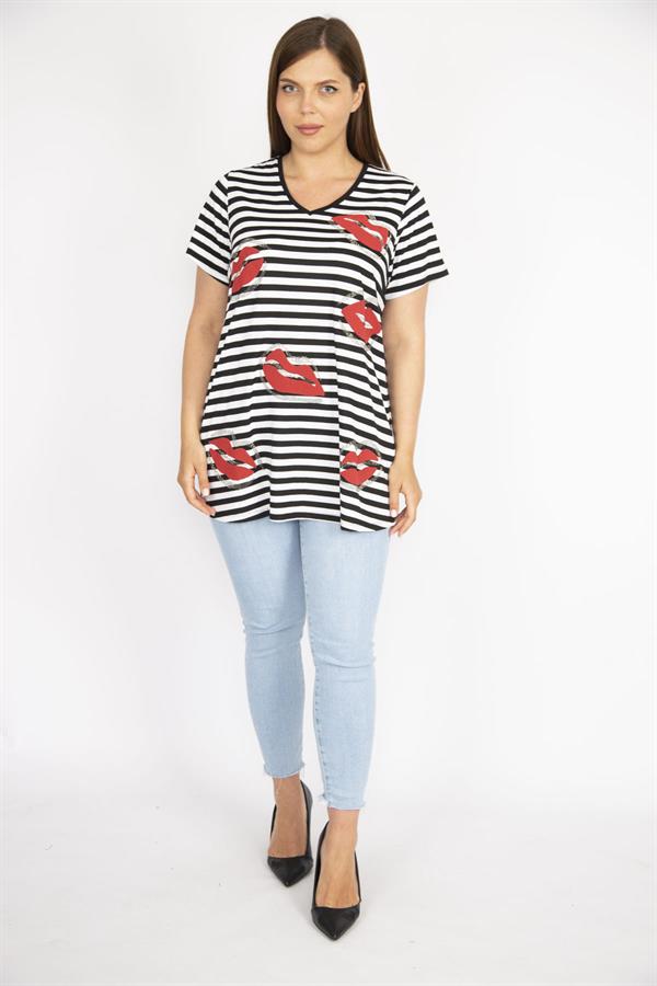 Kadın Siyah Büyük Beden Taş Detaylı V Yakalı Çizgili Bluz