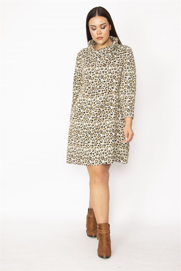 KADIN VİZON YAKA VE ÖN DETAYLI ARKA ORTASI LASTİK BÜZGÜLÜ CEPLİ ELBİSE